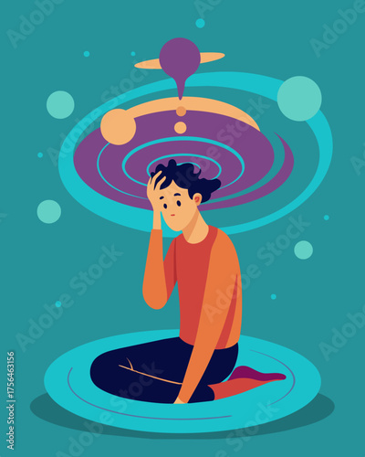 A swirling vortex of conflicting thoughts causing anxiety and confusion as the person tries to make sense of it all.. Vector illustration