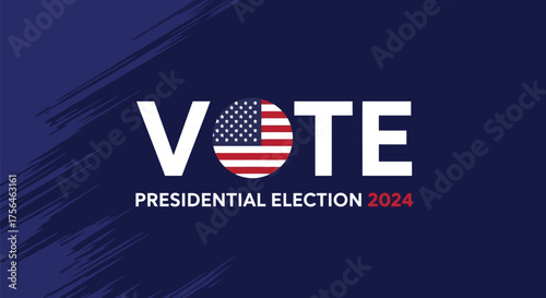 Vector illustration of vote for the presidential election 2024 with the american flag incorporated into the word vote on a dark blue background with abstract brush strokes
