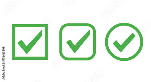 Vector illustration of three green checkmarks in different shapes square, rounded square, and circle