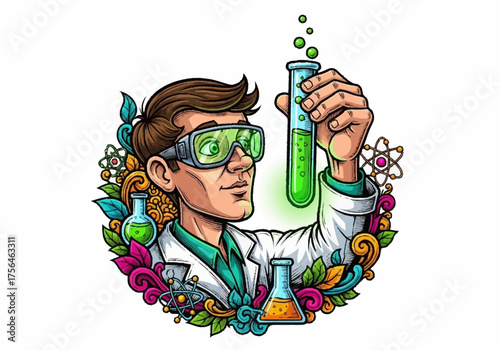 Scientist holding a glowing green test tube in a laboratory.