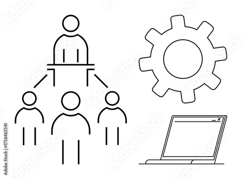 Hierarchical team structure connected to a leader, gear symbolizing processes, and a laptop representing technology. Ideal for teamwork, leadership, organization, technology, processes, management
