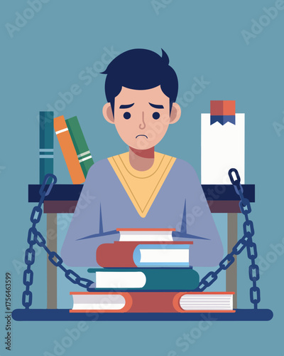 A student sat at their desk surrounded by textbooks and papers but the chains wrapped around their body seemed to hold them back from studying or even trying. Phrases like not. Vector illustration