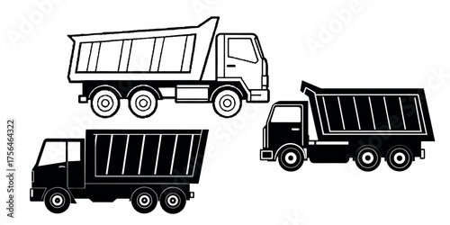 Vector art of three dump trucks in different styles for construction or transportation needs