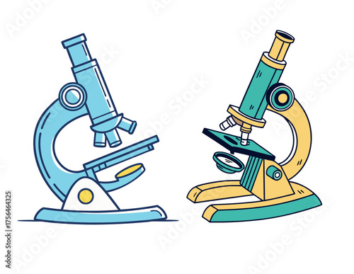 Vector art of two microscopes in different colors for scientific research and education