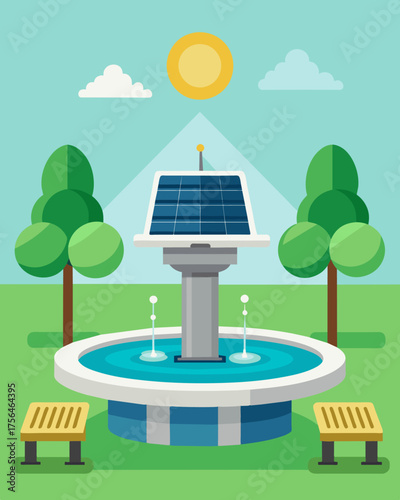 A public park with a solarpowered water fountain utilizing solar panels to keep the water flowing and providing a refreshing break for parkgoers.. Vector illustration