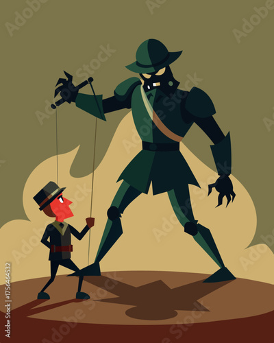 A shadow puppet of a soldier fights against an unseen enemy while a puppeteer orchestrates the battle from behind.. Vector illustration