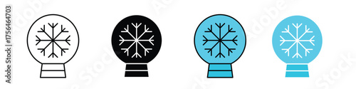 Snow Globe icon on a clean white background in EPS format, shown in stroke outline, solid fill, flat color, and shaded color styles. Ideal for winter, holiday, Christmas, souvenirs, snow scene, 