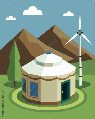 A rugged and remote yurt powered by a combination of solar panels and a smallscale wind turbine allowing for sustainable living off the grid.. Vector illustration