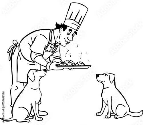 Charming chef cartoon character serving delicious meal to eager dogs,  perfect for pet food ads,  culinary schools,  and heart-warming family themes. Adobe Illustrator Artwork