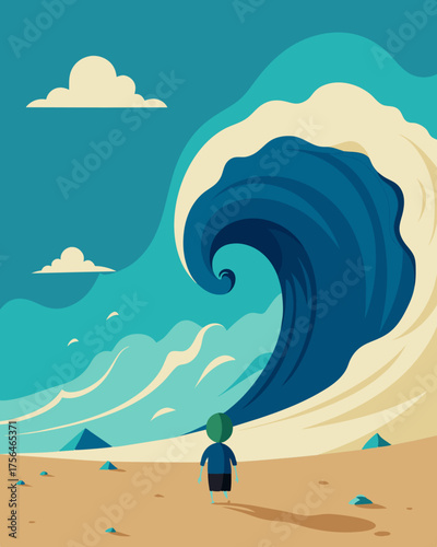 A small figure on a sandy beach looking up in terror at a towering tidal wave labeled Stress heading straight towards them.. Vector illustration