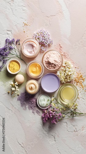 Colorful arrangement of natural skincare products and flowers on a textured surface