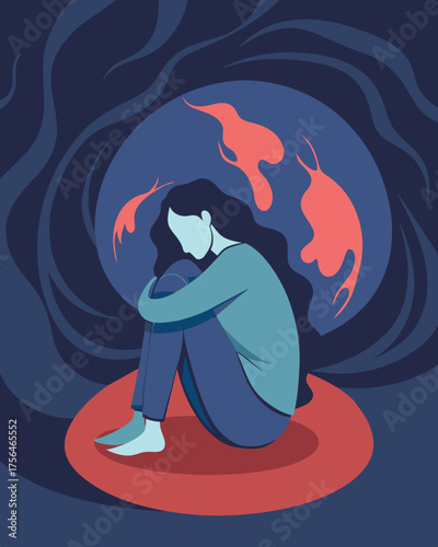 A solitary figure curled up in a corner the echoes of her own negative thoughts condemning her for hours.. Vector illustration