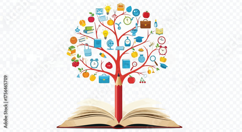 Vector illustration of tree of knowledge growing from an open book with educational icons and a pencil as the trunk