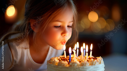 Sweet girl blows out the birthday candles, making a wish on her special day in a warm glowing setting with a delicious cake for celebration