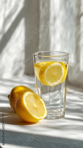 Refreshing lemon drink with sliced lemons showcased on a sunny table setting