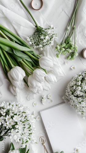 Elegant white flower arrangement with fresh blooms and stationery set on a serene table