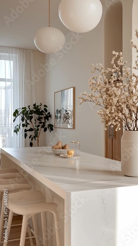 Modern kitchen with elegant decor and natural light in a serene, bright space