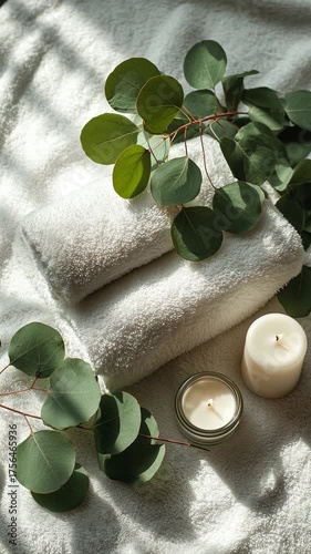 Relaxing spa setup with soft towels, candles, and eucalyptus leaves in a cozy setting