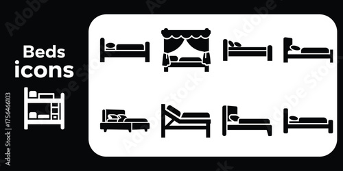 Bed icon set. Collection of various bed types, including bunk, canopy, and hospital beds. Simple furniture glyph symbols for bedroom and hotel design.