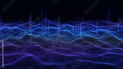 Dynamic abstract digital wave patterns pulsate with vibrant blue and purple lights, suggesting data flow and futuristic technology in motion.