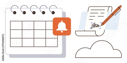 Calendar with bell reminder, handwritten document signing, and cloud outline. Ideal for organization, planning, productivity, digital signing, task management scheduling cloud data. Simple flat