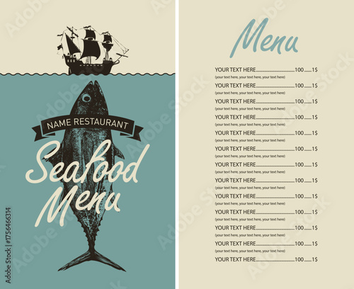 Vector banner with tuna, under water and ship on theme of seafood, ocean fish with space for text. Logo, menu, price list for restaurant, cafe. Signboard, for fish market, store. Not AI