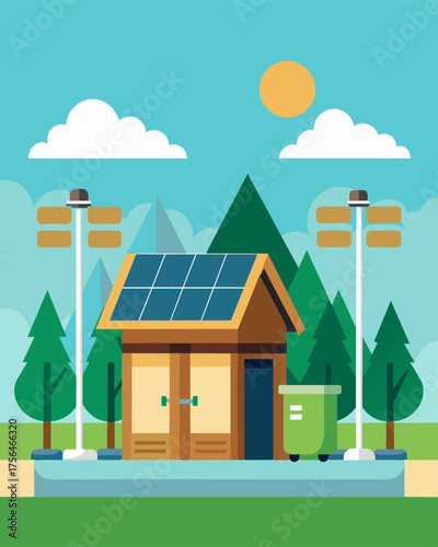 A roadside rest stop equipped with solar energypowered flushing s and lighting for ecofriendly travelers.. Vector illustration