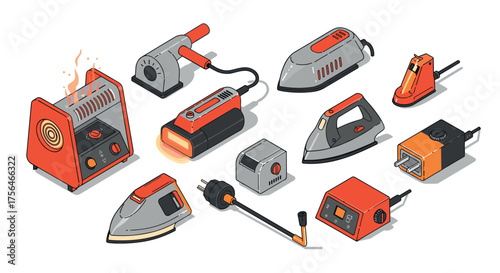 Retro household appliances set featuring isometric design with orange and gra…