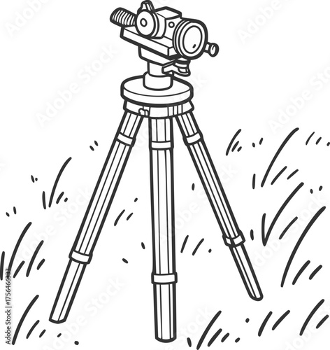 Surveyor tripod, a black and white line art drawing of a leveling instrument on a stand in the grass. Outline sketch of a geodesic tool, representing engineering, measurement, and construction.
