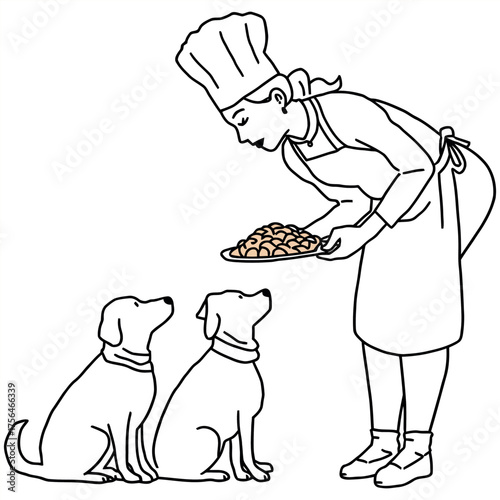 Playful line art showing a caring chef offering a plate of goodies to two adorable dogs,  perfect for pet lovers and food-themed projects. Adobe Illustrator Artwork