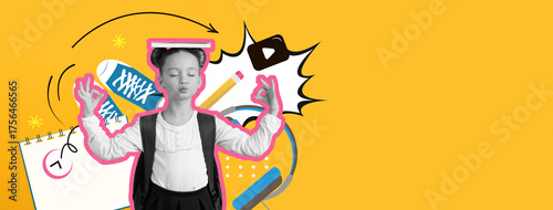 A collection of images forms a vibrant collage featuring a child in meditation pose. Surrounding elements include school supplies and creative icons, conveying a sense of focus and creativity.