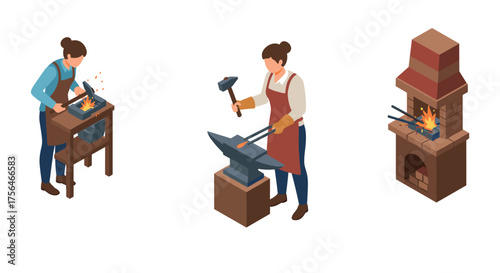 Isometric blacksmithing scenes with anvil and forge in workshop setting