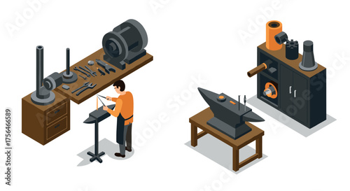 Isometric workshop scene with tools and anvil in industrial setting