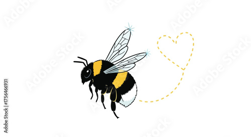 Vector illustration of a bumblebee flying with a dotted heart trail behind it