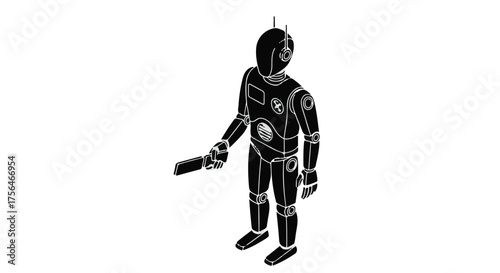 Futuristic robot holding a tablet, representing advanced technology and artificial intelligence.