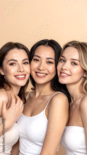 Three smiling women of diverse ethnicities, close-up, wearing white tops, against a neutral backdrop