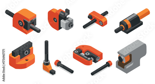 Isometric mechanical components set with bolts and clamps in orange and gray