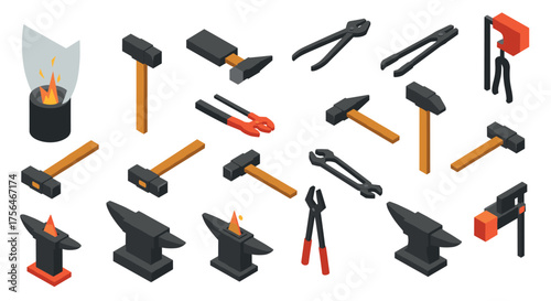 Isometric blacksmith tools collection with hammers, anvils, and tongs