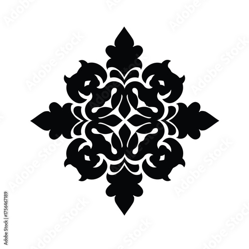 Ornamental Floral Design A classic black and white floral design element featuring elegant, curved leaves and intricate detailing. Perfect for use in decorative borders, logos
