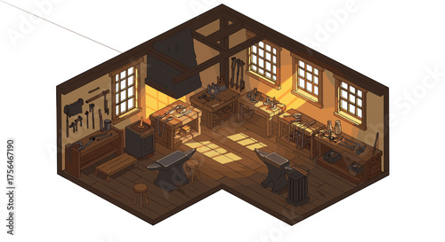 Isometric rustic workshop with tools and wooden interior in warm lighting