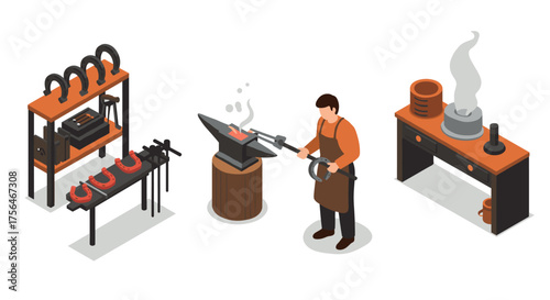 Isometric blacksmith workshop with tools and anvil in action