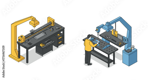 Isometric workshop scene featuring cnc and 3d printing technology