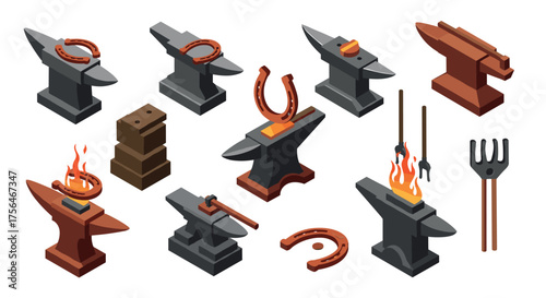 Isometric anvil and blacksmith tools collection with colorful horseshoes