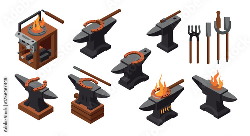 Isometric blacksmith tools and anvils with flames on white background