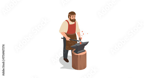 Blacksmith crafting metal with hammer and anvil in isometric design