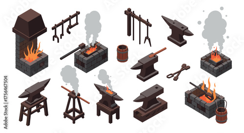 Vintage blacksmith tools and forge in isometric design for craft and workshop…