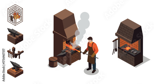 Isometric blacksmith workshop with anvil and forge tools