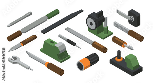 Isometric hand tools collection with files, cutter, and wrench