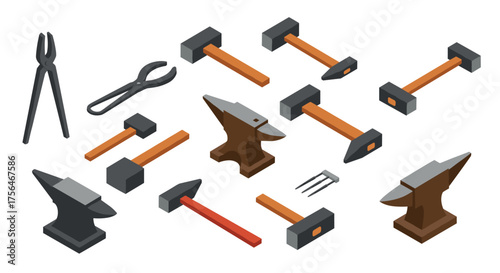 Isometric blacksmith tools set with hammers, anvils, and pliers