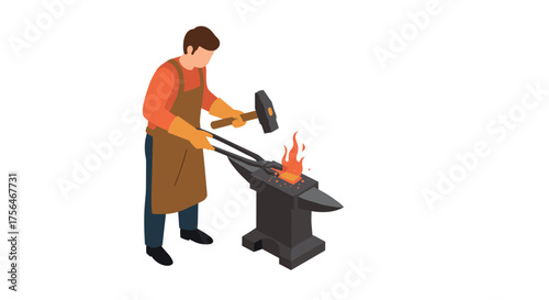 Blacksmith crafting metal with hammer and anvil in isometric style